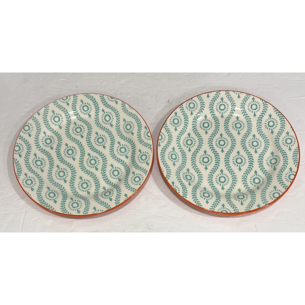 Set of 2 Baum Tangier Turquoise Aqua And Orange Salad Dessert Plates 8"